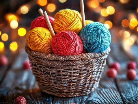 Colorful yarn balls in a wicker basket, bokeh lights - Powered by Adobe