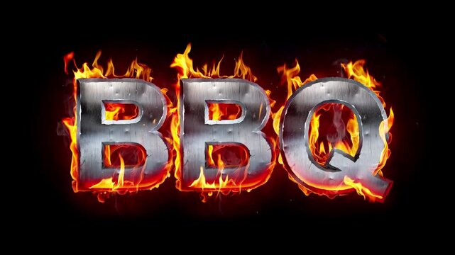 BBQ in flames - burning metal barbecue sign, letters with fire effect isolated on black background