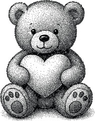 Dotwork Teddy Bear Holding Heart – Cute Stipple Illustration for Valentine's, Baby Shower, or Mother's Day

