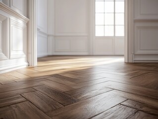 Elegant interior design, high-quality hardwood flooring, minimalist room, natural lighting