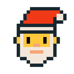 Pixel art Santa Claus emoji in nostalgic 8 bit style. Santa face with a red hat and white beard. Perfect for holiday themed designs, Christmas cards, winter games and festive digital content.