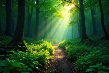 Fototapeta premium Sunlight dapples through the canopy onto a lush forest floor, illuminating a winding trail disappearing into the dense woods Perfect for adventure, exploration, and nature themes , remote, landscape