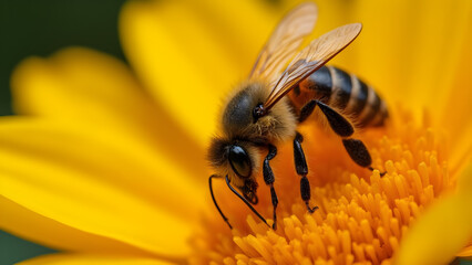 Bee pollinating flower close-up. Ultra-realistic nature photography. Colorful flowers and bees in action. Stunning details of pollination process.