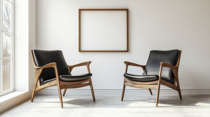 This is an image of an empty living room featuring two modern chairs with wooden frames. 
