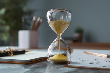 Analog sand timer on desk with stationery and office supplies.