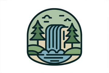 Vector illustration of a great waterfall accompanied by a linear and emblem style logo icon template design, featuring a tree, nature, and outdoor elements