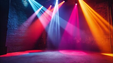 Colorful concert lights piercing through smoke on music stage.  - Powered by Adobe