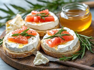 Creamy brie bites topped with grapefruit segments and rosemary