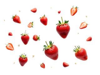 whole strawberries and floating strawberry pieces,leaf,isolated,ripe
