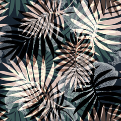 Dark green brown axotic seamless pattern with tropical leaves and shadow. Floral illustration for bedding, home textile, fabric, home textile, package. Rapport illustration.
