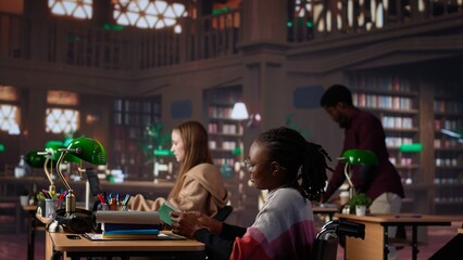 Girl pushing her colleague with physical impairment through the library, studying for a new exam with academic materials from the campus database. African american student in wheelchair. Camera A.