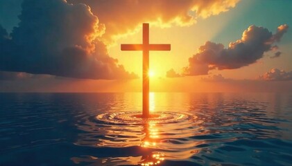 A symbolic image depicting a cross rising from water, representing spiritual rebirth and transformation through Christian faith , love, holy, humility