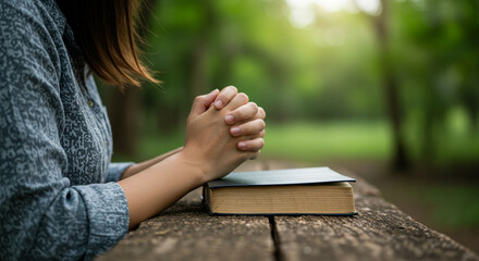 Woman Praying with Hands Clasping Over a Book Outdoors with Natural Bokeh Background