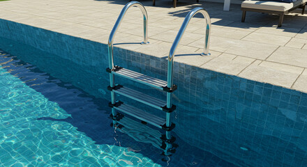 Swimming pool with ladder and sunlight reflections on the water during the day