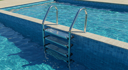 Swimming pool with ladder and clear blue water under the bright sunlight and tiles