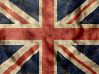 Fototapeta premium The Union Jack, a woven fabric symbol of Great Britain's national pride and heritage, featuring vintage red, white, and blue colors with intricate detailing.