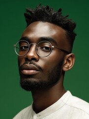 A man poses with a confident expression, wearing glasses and a stylish outfit.