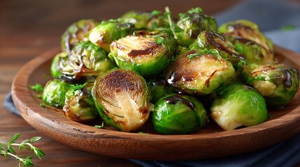 Roasted Brussels Sprouts with Balsamic Glaze on a Wooden Plate