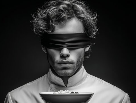 Man in a blindfold, holding a bowl of food, unable to taste or see it.