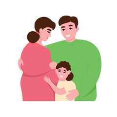 Obraz premium Pregnant woman with husband and daughter. Family is happy expecting a child. Vector flat graphics.
