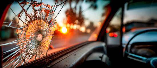 Broken car window showing bullet hole at sunset with bokeh background