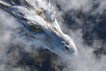 Digital art of a majestic dragon soaring through stormy skies with snowflakes, clouds, and silhouette of trees in the background