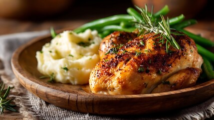 Roasted Chicken with Mashed Potatoes and Green Beans on a Wooden Plate