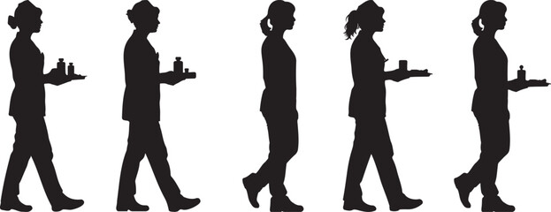 Five Walking Silhouettes of Nurses Carrying Trays Healthcare Medical Staff Workers Professional People