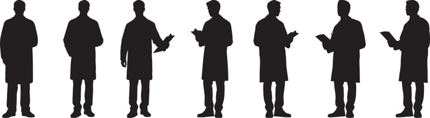 Eight Diverse Doctor Silhouettes Poses Medical Professionals Healthcare Workers Clinic Hospital Staff