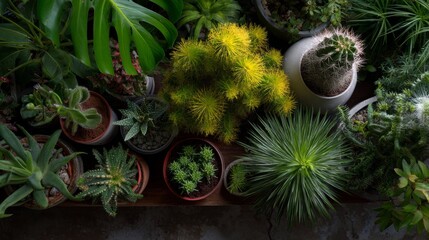 Colorful potted cacti and succulents with sunlight filtering through windows.