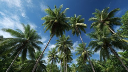 Naklejka premium A tranquil tropical landscape featuring a grove of tall palm trees under a clear blue sky.