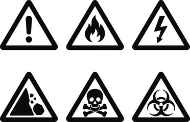 Six black and white triangular warning signs indicating various hazards, providing essential safety information