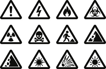 Set of triangular warning signs showing different hazards