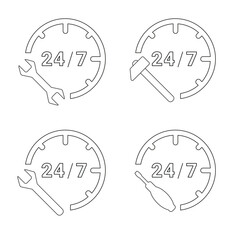 24/7 Service Icons Set with Wrench, Hammer and Screwdriver in Clock Symbol — Thin Line Style.