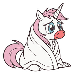 Illustrated Sick Unicorn with Red Nose and Blanket. Perfect for: Fantasy-themed events, cold awareness, unicorn-themed merchandise