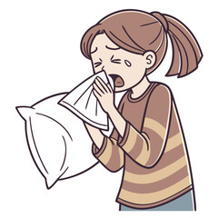 Fototapeta premium Sneezing Girl Holding Pillow and Tissues. Perfect for: Bedtime sickness awareness, allergy season