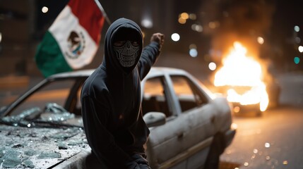 Masked protester raising a fist beside a destroyed car with the Mexican flag in the background and a vehicle burning in the distance during a night riot scene