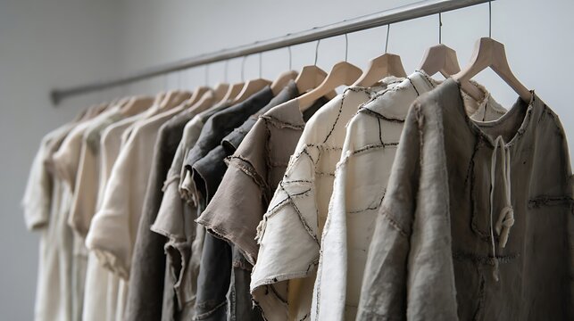 Variety of patched and mended tops displayed on hangers.