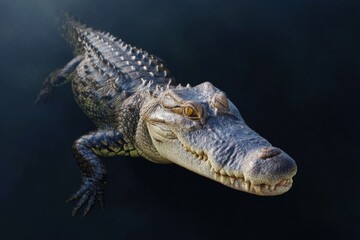 Fototapeta premium An alligator or crocodile with open mouth, showing teeth and tongue, swimming underwater