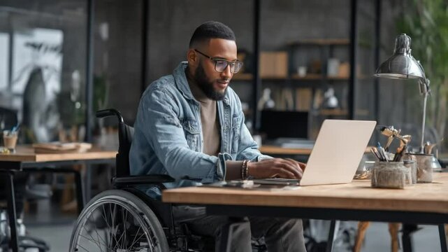 A man in a wheelchair works on a laptop in a modern office. For topics related to workplace diversity, telecommuting, business, accessibility and technology in an inclusive environment.