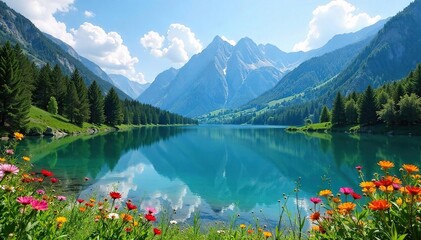 Serene mountain lake reflecting a clear blue sky, surrounded by lush green trees and wildflowers Perfect for nature, travel, and serenity themes , panoramic, vibrant, journey