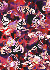 Funny lobsters, crabs and other sea creatures on picturesque watercolor background. Inhabitantes of seabed rapport illustration for textile, decor package, wallpaper, tablecloth, napkins, stationery