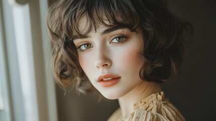 Fototapeta premium Elegant close-up portrait of a young woman with curly hair and freckles. Soft, natural light and romantic atmosphere. Perfect for beauty, fashion, and lifestyle advertising.
