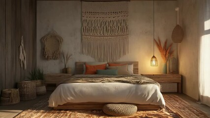 Cozy bohemian bedroom with macramé decor and ambient lighting - Powered by Adobe