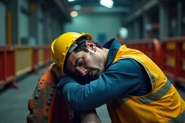 A weary worker slumped against a safety barrier, exhaustion evident in their posture, highlighting workplace fatigue and the importance of safety protocols , construction, worn, occupational