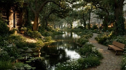 Obraz premium Serene Garden Pathway with Lush Greenery Tranquil Pond and Cozy Seating Area for Relaxation a