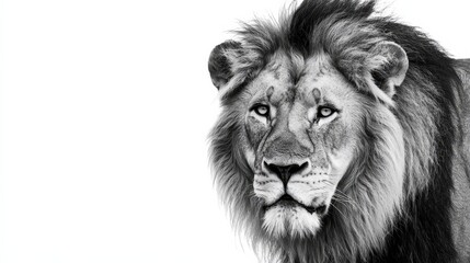 Fototapeta premium Majestic lion portrait in stunning black and white. Powerful, intense gaze. Perfect for wildlife, nature, and animal themed projects. Ideal for print, web, and editorial use.
