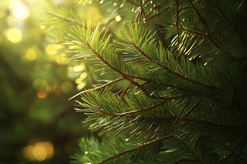 Close-up of pine needles bathed in sunlight.