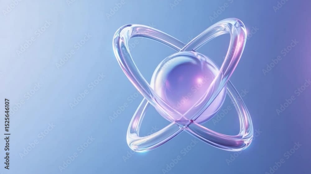 Poster Abstract atom visualization: A captivating abstract depiction of an atom, rendered in polished glass, its spherical nucleus encircled by orbiting rings, set against a gradient-colored background.