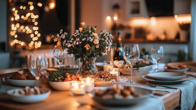 Cozy candlelit dinner with elegant table setting and floral centerpiece